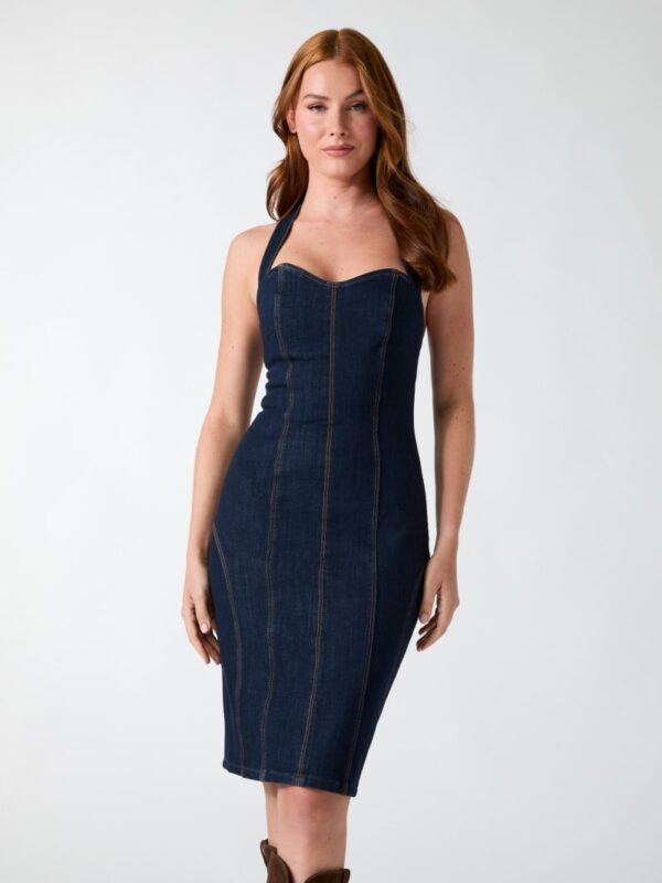 halter neck denim dress