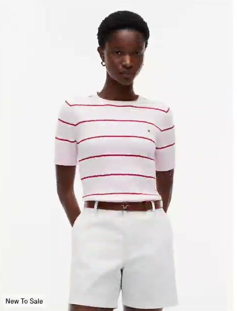 short sleeve striped cable knit sweater