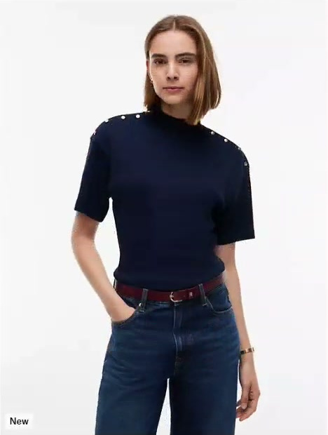 gold button slim fit mockneck t shirt