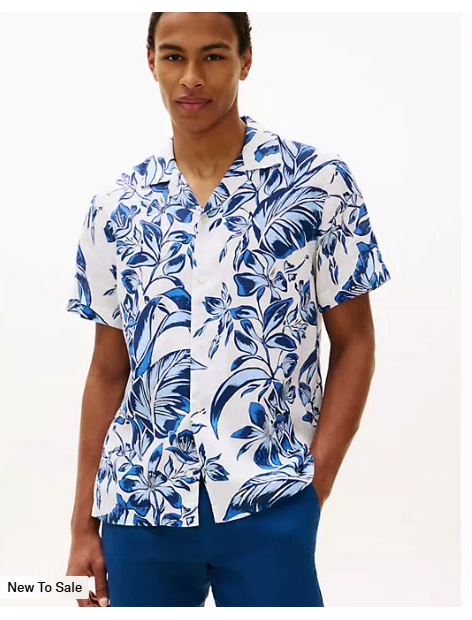 tropical print linen camp shirt