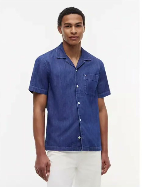 regular fit garment dyed denim camp shirt