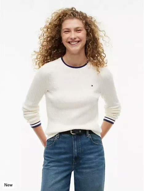 cable knit tipped crewneck sweater