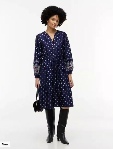 foulard print sateen tiered midi dress