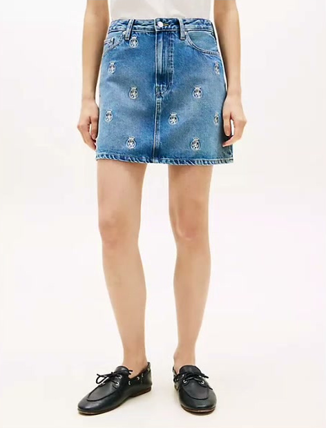 allover crest high rise denim mini skirt