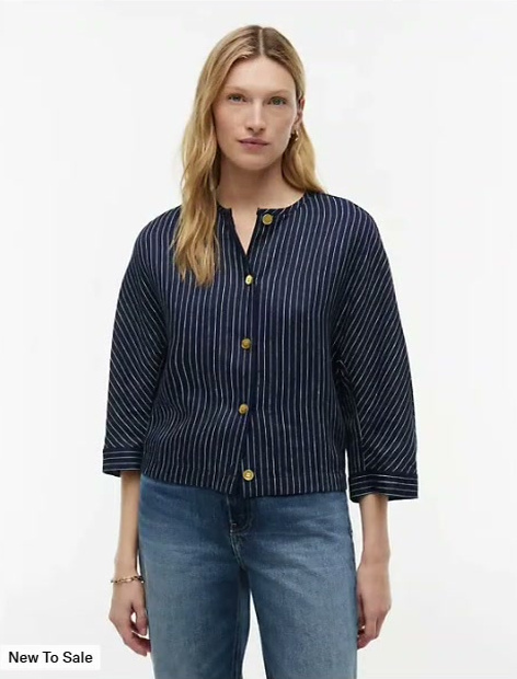 gold button striped linen blend blouse