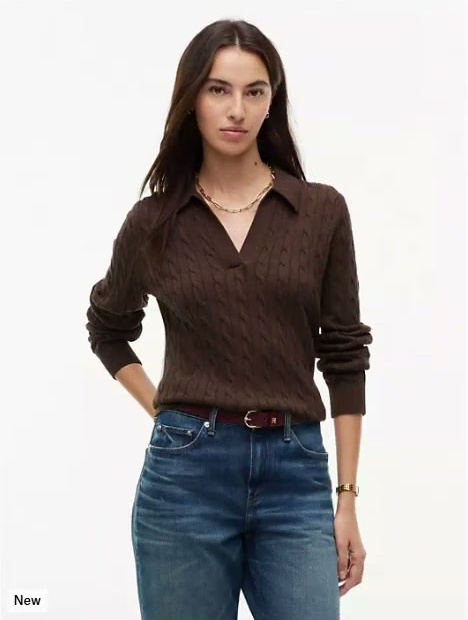 open placket cable knit sweater polo