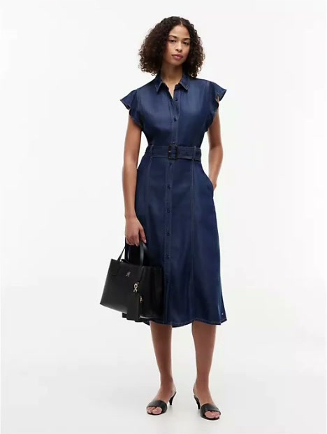 flutter sleeve belted denim shirtdress