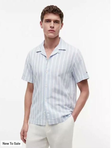 striped cotton linen blend camp shirt