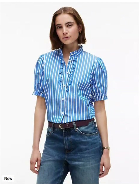 ruffle trim striped poplin shirt