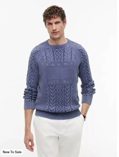 indigo flag logo cable knit sweater