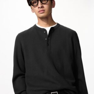 waffle henley neck t shirt | long sleeve
