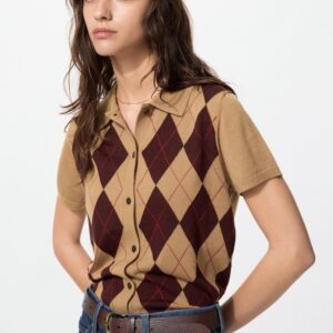 merino blend polo cardigan | short sleeve | argyle