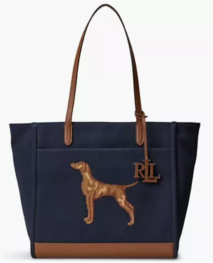 lauren ralph lauren — cameryn dog embroidered extra large tote handbag lauren ralph lauren — cameryn dog embroidered extra large tote handbag