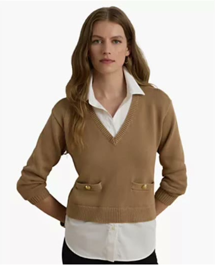 lauren ralph lauren — women's v neck long sleeve relaxed fit cotton sweater lauren ralph lauren — women's v neck long sleeve relaxed fit cotton sweater