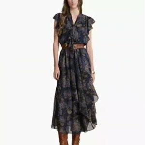 women's floral crinkle georgette tie neck midi dress