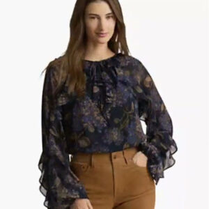 lauren ralph lauren — women's ruffle trim long sleeve blouse