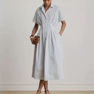 women's point collar striped pleated broadcloth shirt dress