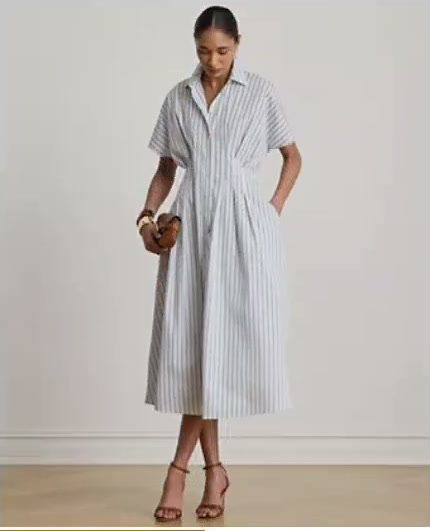 women's point collar striped pleated broadcloth shirt dress women's point collar striped pleated broadcloth shirt dress