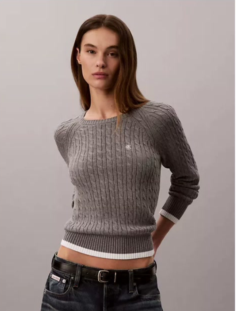 cable knit tipping crewneck sweater
