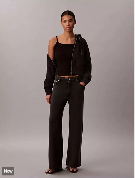 denim wash french terry wide leg pants