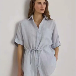 lauren ralph lauren — women's point collar striped roll tab sleeve tunic shirt