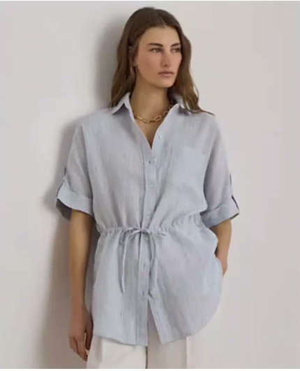 lauren ralph lauren — women's point collar striped roll tab sleeve tunic shirt lauren ralph lauren — women's point collar striped roll tab sleeve tunic shirt
