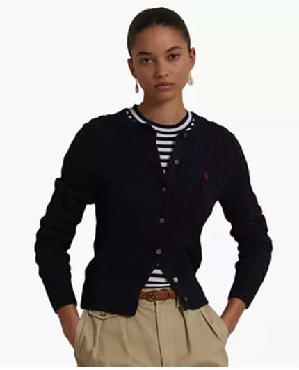 polo ralph lauren — women's cable knit cotton crewneck cardigan sweater polo ralph lauren — women's cable knit cotton crewneck cardigan sweater