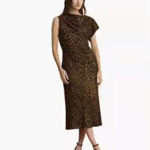 women's asymmetrical neck ocelot print pleated crepe dress