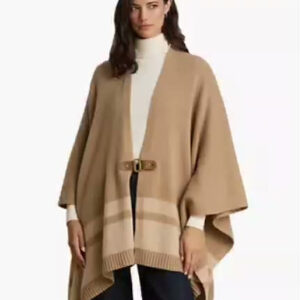 lauren ralph lauren — women's wool cashmere two tone buckle trim poncho