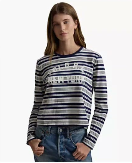 polo ralph lauren — women's striped crewneck long sleeve t shirt polo ralph lauren — women's striped crewneck long sleeve t shirt