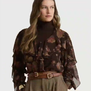 lauren ralph lauren — women's graceful floral print ruffle trim chiffon v neck blouse
