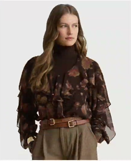 lauren ralph lauren — women's graceful floral print ruffle trim chiffon v neck blouse lauren ralph lauren — women's graceful floral print ruffle trim chiffon v neck blouse