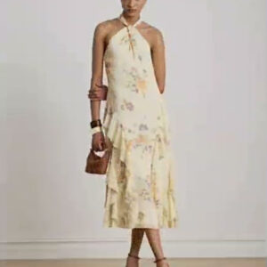 women's floral ruffle trim halter cocktail dress