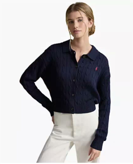 polo ralph lauren — women's polo collar long sleeve cardigan polo ralph lauren — women's polo collar long sleeve cardigan