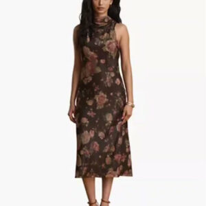 women's floral print mockneck with cowl drape cocktail dress