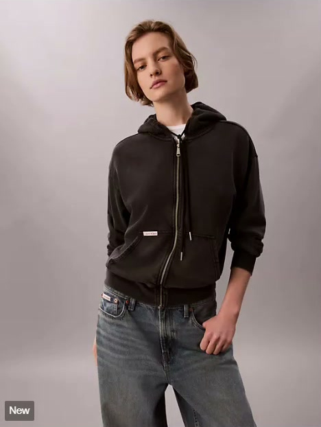 denim wash french terry zip sweatshirt