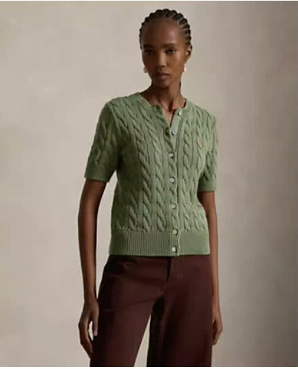 polo ralph lauren — women's cable knit cotton short sleeve cardigan polo ralph lauren — women's cable knit cotton short sleeve cardigan