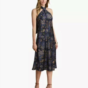 women's floral tie neck halter cocktail dress