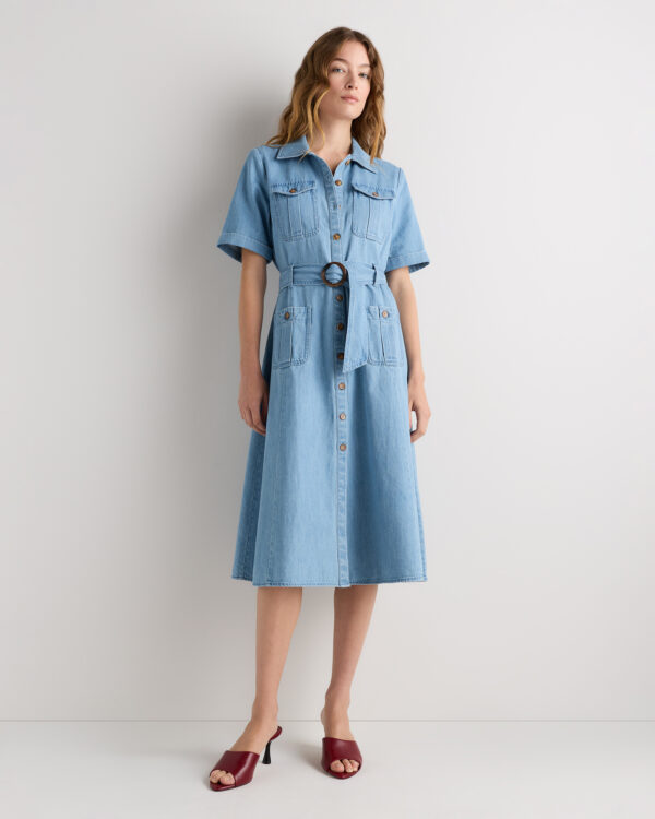 organic denim button front midi dress