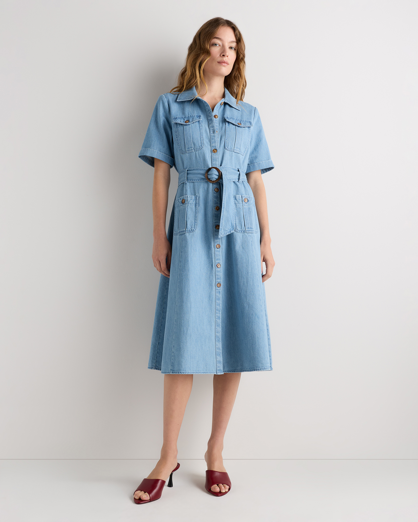 organic denim button front midi dress organic denim button front midi dress
