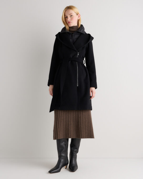 wool cashmere hooded wrap coat with removable down bib