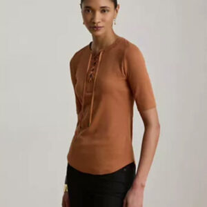 lauren ralph lauren — women's crewneck lace up ribbed elbow sleeve t shirt