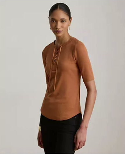 lauren ralph lauren — women's crewneck lace up ribbed elbow sleeve t shirt lauren ralph lauren — women's crewneck lace up ribbed elbow sleeve t shirt