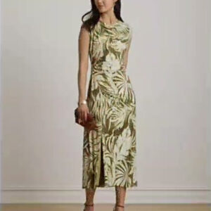 women's palm frond print cowl neck midi dress
