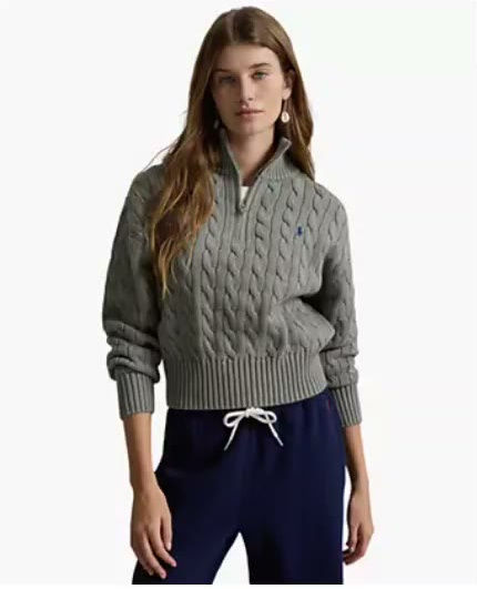polo ralph lauren — women's cable knit cotton quarter zip sweater polo ralph lauren — women's cable knit cotton quarter zip sweater