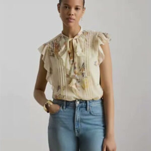 lauren ralph lauren — women's floral pintucked band collar tie neck blouse