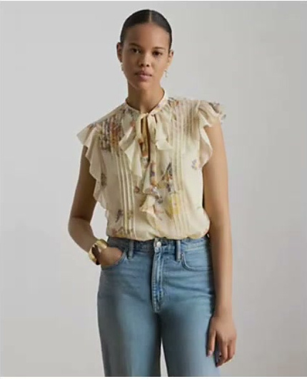 lauren ralph lauren — women's floral pintucked band collar tie neck blouse lauren ralph lauren — women's floral pintucked band collar tie neck blouse