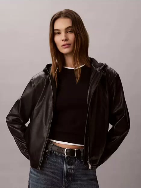 faux leather hooded jacket