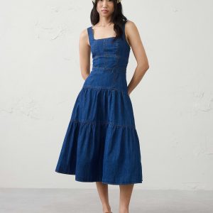 Витрина square neck tiered denim midi dress