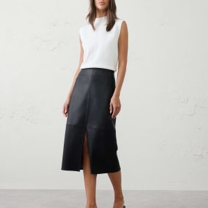 vegan leather seamed midi skirt